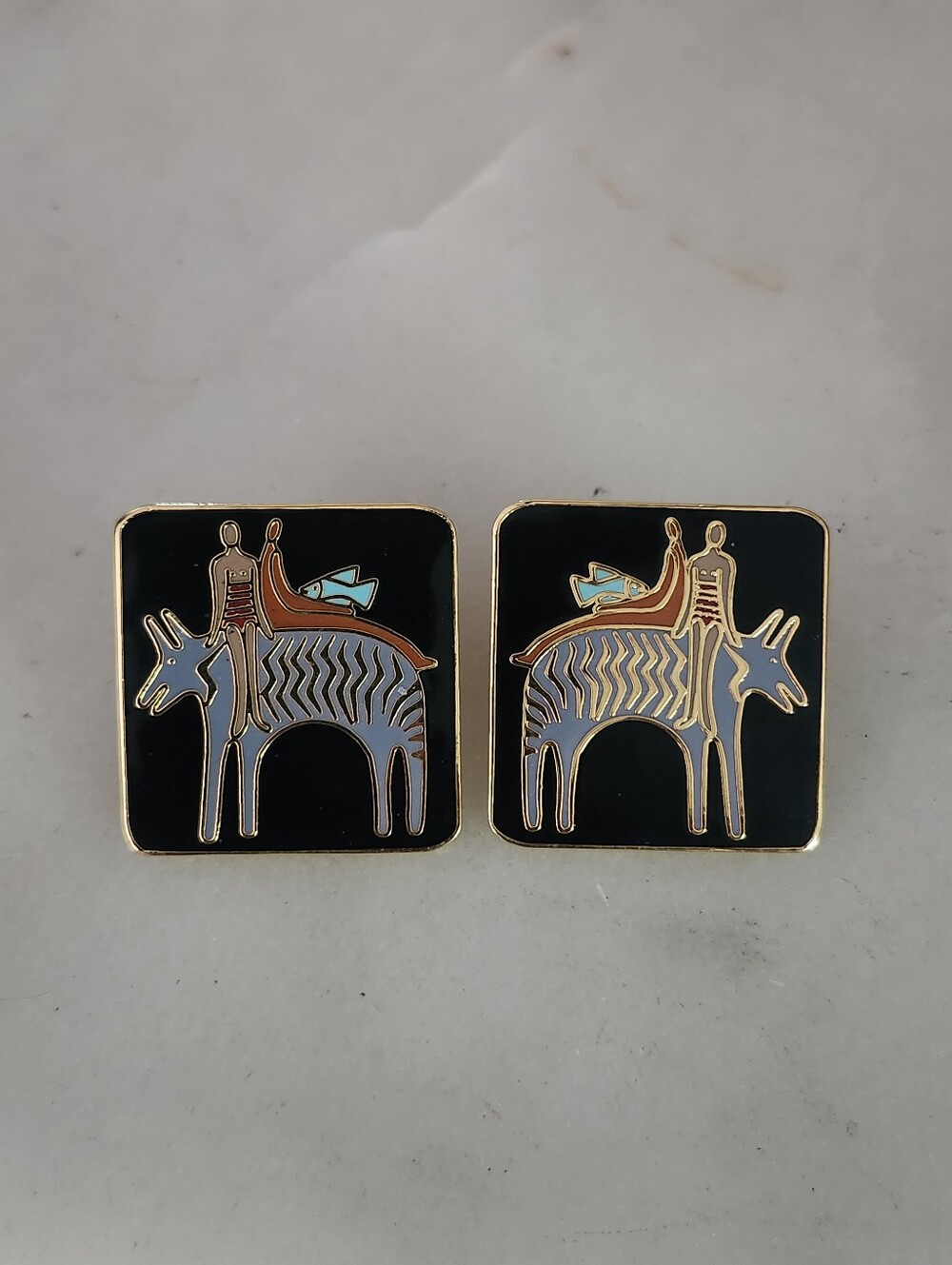 Vtg Laurel Burch "Fantasy Friends" Cloisonne Enamel Earrings
